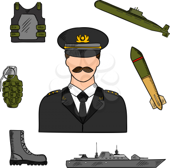 Military man surrounded by army, navy, marines and coast guards sketch symbols for armed forces design usage with colorful naval warship, torpedo, submarine, body armor, boots and grenade icons 