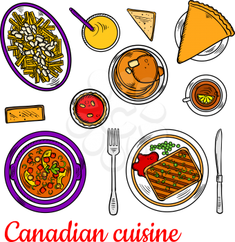 Traditional canadian poutine colored sketch symbol, served with grilled peameal bacon, chicken stew with dumplings, pancakes with maple syrup, red velvet cupcake and sugar pie with black tea and orang