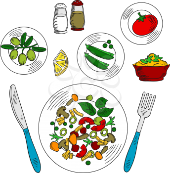 Vegetarian salad with ingredients colorful sketch of plate with sliced tomatoes, fresh green olives and sweet peas vegetables, sour sauce with lemon, mustard and spicy herbs, served with fork and knif