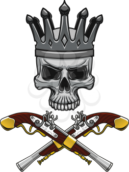 Cartoon crowned pirate skull with crossed vintage pistols instead crossbones. Great for Jolly Roger symbol or king of pirates mascot design usage