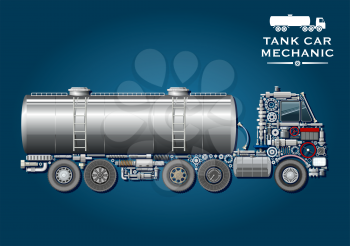 Modern tank truck symbol with fuel tanker provided with two ladder and silhouette of truck tractor, composed of wheels, crankshaft, axles, transmission and suspension systems, ball bearings, fuel tank