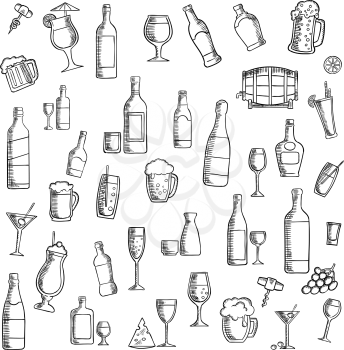 Drinks sketch icon with cocktails, wine, beer, vodka, champagne, martini, whisky and sake, barrel of ale, juice, soft beverages and milk shakes with fruit and cheese snacks. Use as cocktail party or f