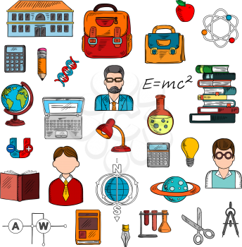 School supplies and teacher with pupils icon for education theme design with colorful sketches of books, calculators, laptop, pencil, backpacks, school building, globe, light bulb, formula, DNA, atom,