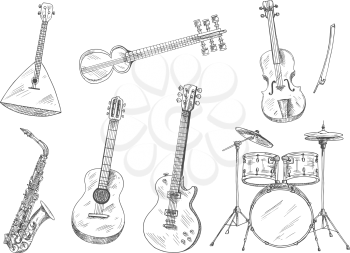 Sketchy drum set, acoustic and electric guitars, violin, saxophone, russian balalaika and indian sarod icons. Ethnic and classical musical instruments for arts and music design