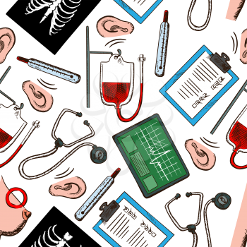 Preventive medicine and diagnostics seamless pattern with medical check up forms, stethoscopes, thermometers, ecg monitors, blood bags, chest x-rays, hearing and breast cancer testing on white backgro