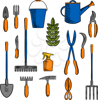 Colorful retro sketches of hand tools for farming and gardening with spade, rake, pitchfork, bucket and watering can, scissors, knife, shears, trowel, forks, sikle, spray bottle and green plant