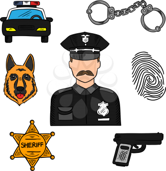 Policeman sketch icon for law, security and police professions design with patrol car, handcuffs, sheriff star, handgun, police dog, fingerprint and officer in black uniform in the center