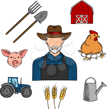 Retro colored sketch of mature bearded farmer, surrounded with barn, tractor, cereal ears, chicken on a nest with eggs, pig head, watering can and spade with pitchfork. Use as agriculture or livestock