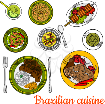 Nutritious brazilian cuisine sketch with colorful symbols of traditional beef picanha skewer, pork and bean stew feijoada served with rice and oranges, shrimp stew, chicken soup canja, spicy prawns wi