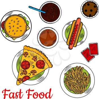 Sketched vegetarian pizza, topped with mushrooms and tomatoes, served with hot dog, cheeseburger with fresh vegetables on sesame bun, french fries with tomato dipping sauces and chocolate cupcake with