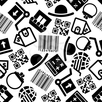 Seamless online shopping pattern with black symbols of bar and qr code, calculator, wallet, globe with cart, store, package delivery and hat over white background. Use as ecommerce, business, online s