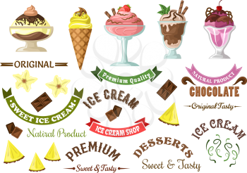 Retro ice cream symbols for cafe and sweet shop design template with pleasant strawberry, pineapple, chocolate and cherry ice cream desserts with fresh fruits and caramel sauce, decorative ribbon bann