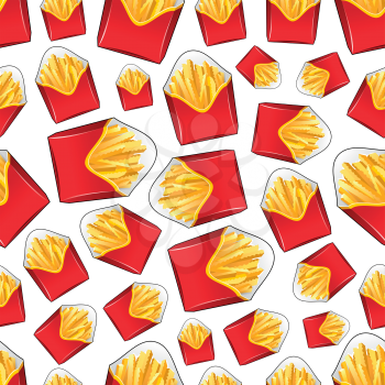 Takeaway red paper boxes of french fries seamless pattern with crunchy wavy pieces of deep fried potato vegetables on white background. Fast food cafe menu or fabric design