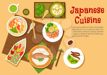 Japanese seafood dinner flat icon with variety of sushi with salmon, tuna, red caviar and sashimi with wasabi, noodle soup with shrimps and crab sticks, squid salad, rice with fish and blood sausages,