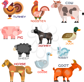 Farm animals and birds cartoon symbols with flat named icons of domesticated pig, cow, sheep, horse, duck, goat, rooster, donkey, goose, turkey. Agriculture, livestock farm mascot or nature concept de