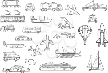 Cars, bus, taxi, ambulance, airplanes, electric train, fishing boat, yacht, tank car and truck, space shuttle, cruise liner, baggage truck and passenger stairs, hot air balloon, ancient galley sketch 