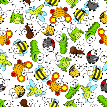 Funny cartoon insects characters seamless pattern with cute little bees and flies, sunny orange butterflies, bright green caterpillars, dragonflies and grasshoppers, striped bugs, shy ladybugs and bus