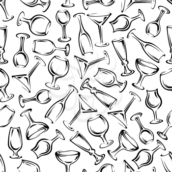 Cocktail party seamless pattern with sketched glasses for cocktails, wine, champagne, martini, vodka and cognac beverages on white background. Use as festive party invitation backdrop or celebration t
