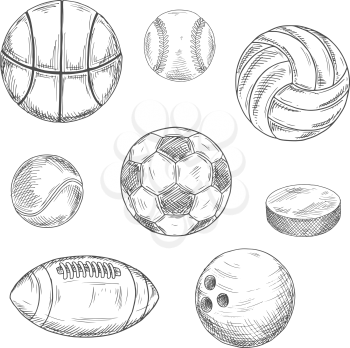 Sketched sporting balls for soccer or football, baseball, basketball, american football, volleyball, tennis, bowling and puck for ice hockey. Sporting items isolated icons for sport competition or tea