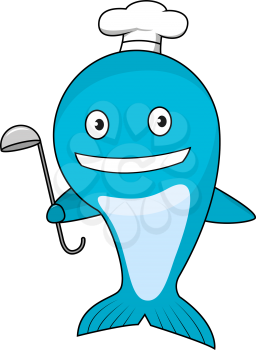 Cheerful smiling blue whale chef cartoon character wearing white cook hat with long handled ladle in fin. Restaurant symbol, zoo aquarium mascot or children book design