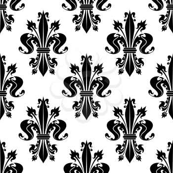 Seamless decorative black fleur-de-lis pattern over white background with curly spiky floral compositions of royal lilies. French heraldic backdrop, history, monarchy concept design