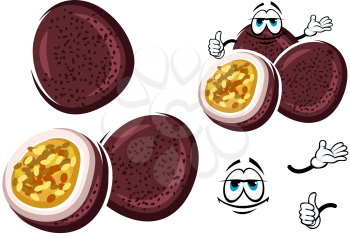 Cartoon exotic brazilian passion fruit with purple peel with faint dark spots and juicy yellow flesh with edible seeds. Smiling maracuja fruit character for vegetarian dessert, tropical juice cocktail