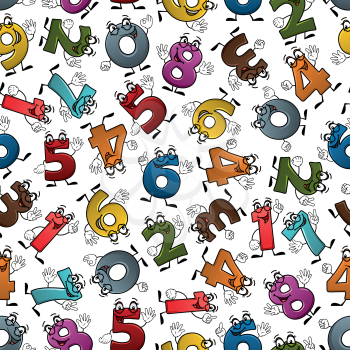 Happy cartoon numbers characters seamless pattern of smiling colorful digits with waving hands, randomly scattered over white background. May be use for childish room interior or education theme desig