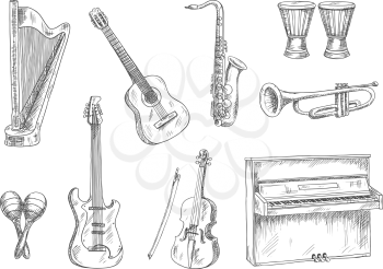 Classic acoustic and electric guitars, saxophone, violin, trumpet, upright piano, conga drums and harp sketches. Vintage engraving musical instruments icons for art, music, entertainment and education