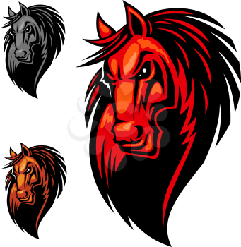 Wild angry horse head mascot. Mustang or stallion in cartoon style for equestrian sport