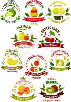 Organically grown farm fruits retro icons for agriculture, eco farming, organic shop or local market design template with fresh apples, lemons, kiwi, pears, bananas, peach, cherries, oranges and limes