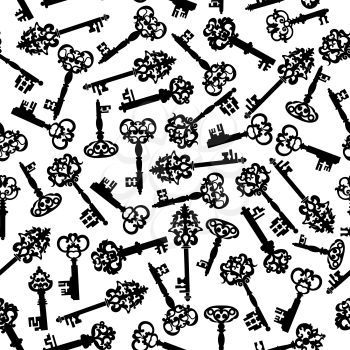 Seamless vintage ornate forged keys pattern on white background with black silhouettes, adorned by florid victorian ornaments. Great for wallpaper or backdrop design