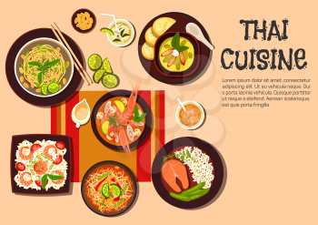 Popular dishes of exotic thai cuisine icon with flat symbols of spicy shrimp soup, green papaya salad, salmon steak, fried noodles with cashew nuts and fresh lime, spicy green curry, fried rice with p