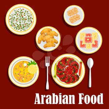 Traditional lunch of arab cuisine with desserts icon with fish soup, falafels, served with fresh tomatoes and chilli peppers, cold rice salad with green peas, semolina cakes, topped with almonds, sesa
