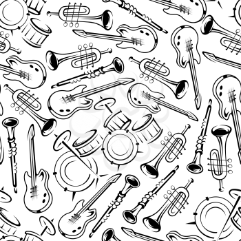Black and white jazz band or orchestra musical instruments seamless pattern with outlined guitars, drum set, trumpets and clarinets. May be use as concert and festive party background or art and music