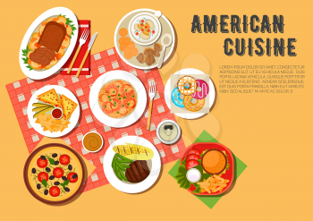 Picnic menu of american cuisine icon with cheeseburger, hot sandwiches, served with french fries and sauces, vegetarian pizza, seafood rice with chorizo, grilled beef steak, clams, corn on the cob and