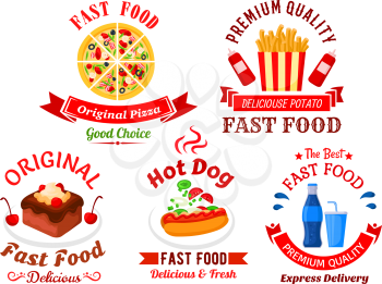 Italian pizza, hot dog, french fries, sweet soft drink and chocolate cake cartoon icons for fast food cafe, pizzeria and food delivery service design, decorated by ribbon banners and headers with star