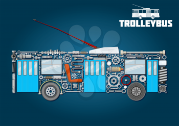 Electric trolleybus mechanical silhouette icon of detailed main components and parts with boarding and exit doors, trolley poles with base in shroud, windows, seat, steering wheel, wheels, crankshafts