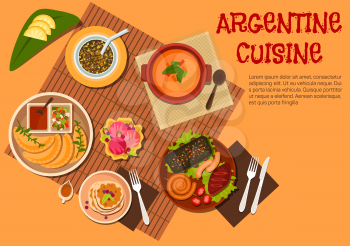 Argentine asado dishes icon with grilled beef steak, sausages and liver, empanadas with ketchup and marinated vegetables dressing, lentil soup and mate served with fresh fruits, pancakes topped with d