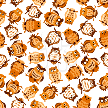 Brown forest birds on branches seamless pattern with old wise horned owls with glasses and funny young amused owlets on white background. Education theme or childish room interior design usage  