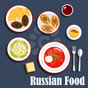 Typical russian dinner icon with flat symbols of borscht, with sour cream dressing, cutlets served with fried potatoes, potato salad olivier, baked meat pies piroshki and cup of tea with lemon
