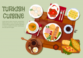 National dishes of turkish cuisine icon with traditional adana and iskender kebabs platters with vegetables, yogurt and bulgur pilaf, pide pies, lentil soup, dumplings with sour cream, turkish coffee 
