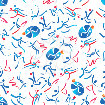 Sporting seamless pattern of blue and red abstract ribbon silhouettes of dancing and jumping sportsmen on white background. May be use as sport competition theme or scrapbook page backdrop design