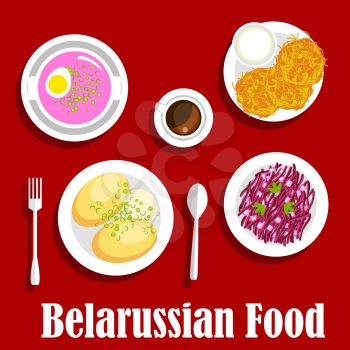 Vegetarian dinner with national belarusian dishes icon with flat symbols of potato pancakes draniki, served with sour cream, cold beet soup with hard boiled egg, potato with butter sauce, red cabbage 
