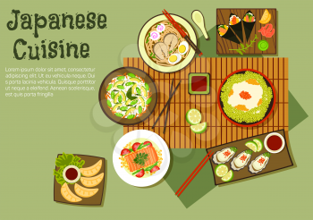 Refreshing oriental dishes of japanese cuisine icon with temaki sushi, edamame rice with beans and red caviar, udon soup, fried dumplings, avocado, green beans and rice salad, oysters, steamed salmon 