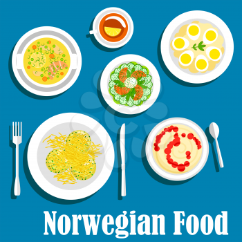 Wholesome dishes of norwegian breakfast icon with flat symbols of rice porridge with fruit jam, cucumber salad with smoked salmon, fish soup, potato and egg salad, parsnip pancakes with cheese and cup