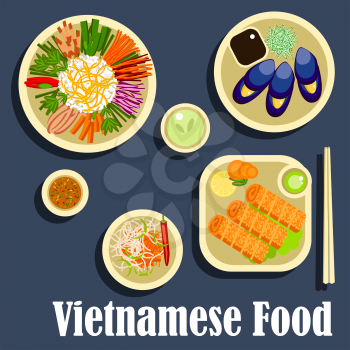 Vietnamese dinner icon with traditional dishes in flat style including sticky rice with assortment of fresh vegetables, grilled blue clams with fish sauce, spicy carrot salad, fried spring rolls with 
