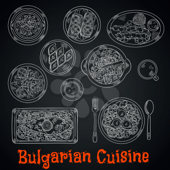 Restaurant menu of bulgarian cuisine chalk sketches on blackboard with grilled meat on skewers served with tomato sauce, baked carp, fried eggplants, topped with tomatoes, spicy bean stew, vegetable e