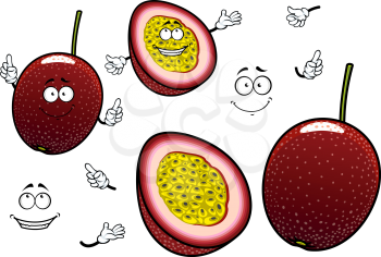 South american cartoon passion fruits characters with whole dark purple fruit and slice with juicy yellow flesh. Funny exotic fruits for childrens menu or recipe book design usage