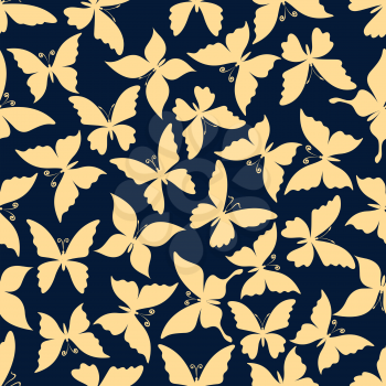 Flying butterflies romantic pattern. For fabric print or scrapbook page backdrop design with seamless yellow silhouettes of butterflies with gentle wings and curly antennae over blue background