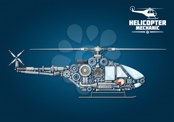 Helicopter symbol with mechanical detailed silhouette of rotorcraft, composed of drive shaft and rotor head with blades, cabin and landing windows, tail rotor, skid, transmission systems, reduction ge
